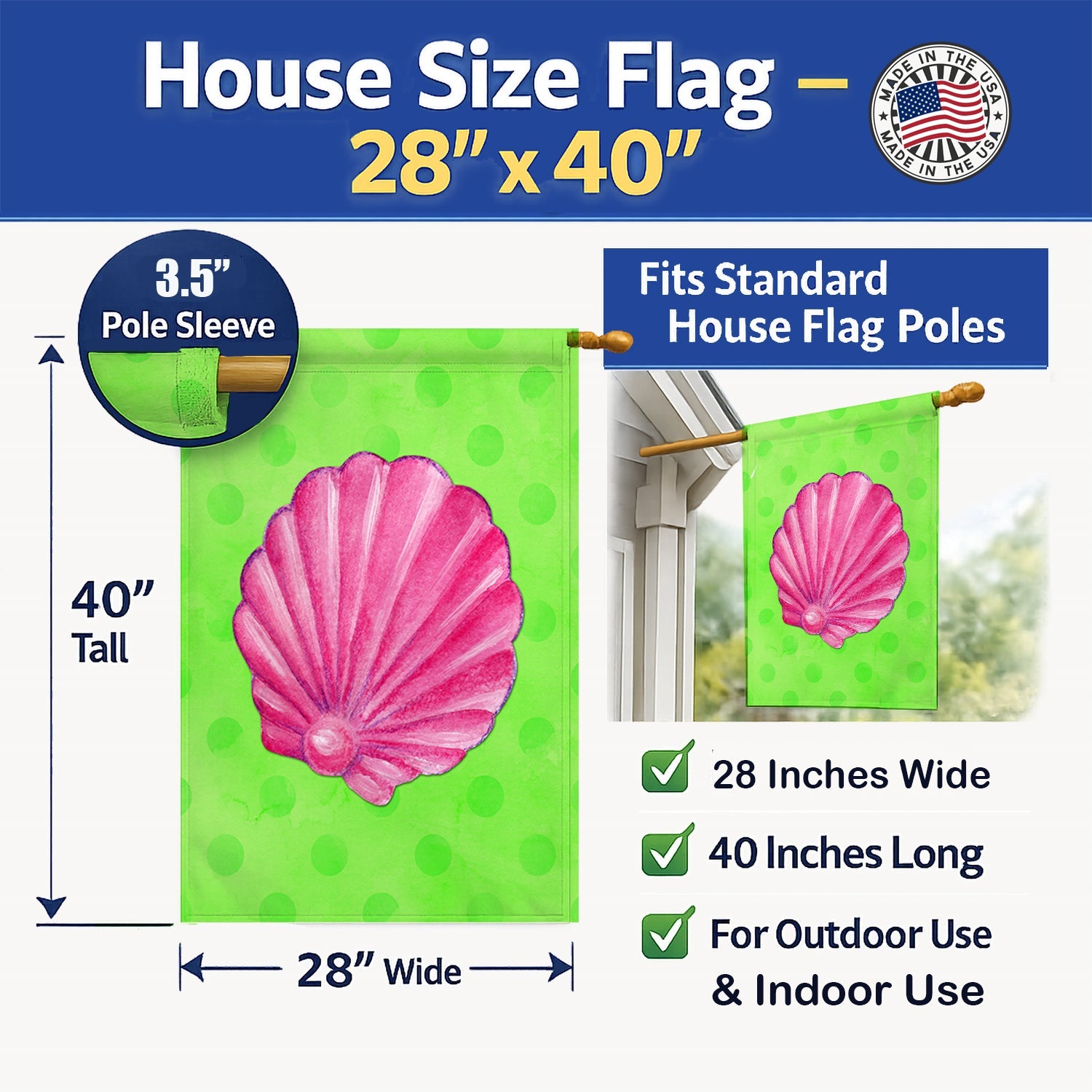 Pink Sea Shell Green Polkadot House Flag 28x40 Porch Sleeve Pole Decorative Outside Yard Banner Artwork Wall Hanging, Polyester