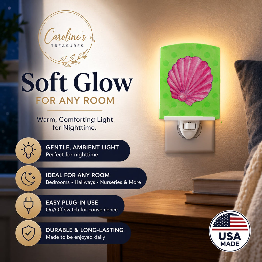 Pink Sea Shell Green Polkadot Ceramic Night Light Compact, UL-Certified, Ideal for Bedroom, Bathroom, Nursery, Hallway, Kitchen, 6x4x3, Multicolor