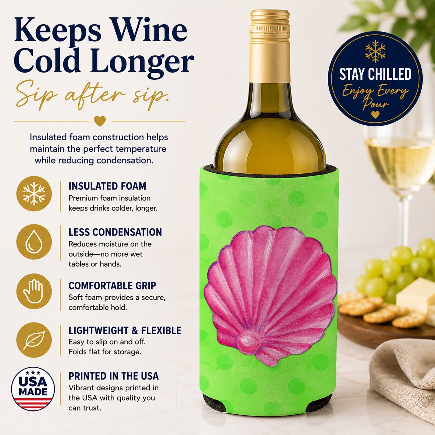 Pink Sea Shell Green Polkadot Wine Bottle Hugger Gift Sleeve for Standard 750 ml Bottles, Insulated Reusable Fits Mini Shot & Pint Bottles