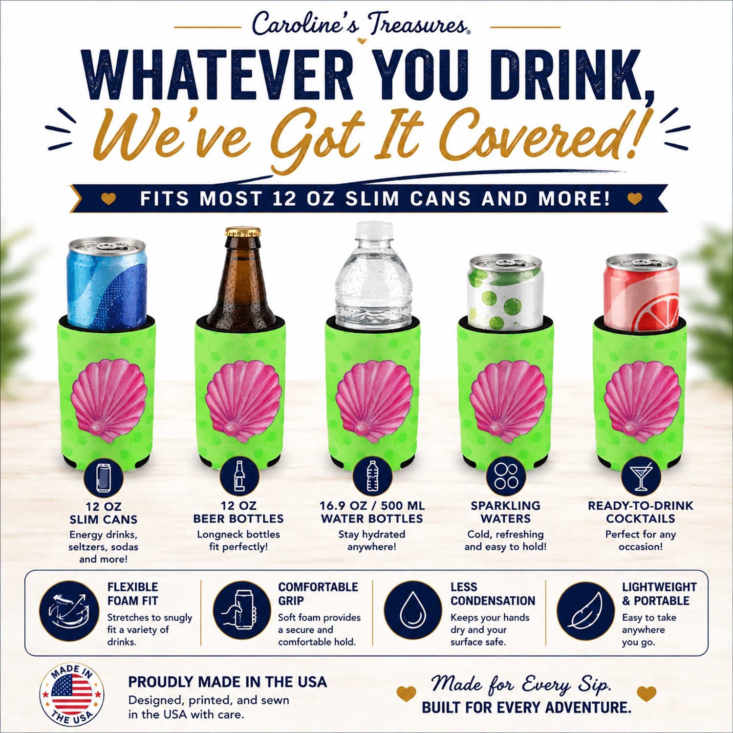 Pink Sea Shell Green Polkadot Slim Can Hugger  Insulated Foam Sleeve for 12 oz Slim Cans, Beer Bottles & Water Bottles, Made in USA