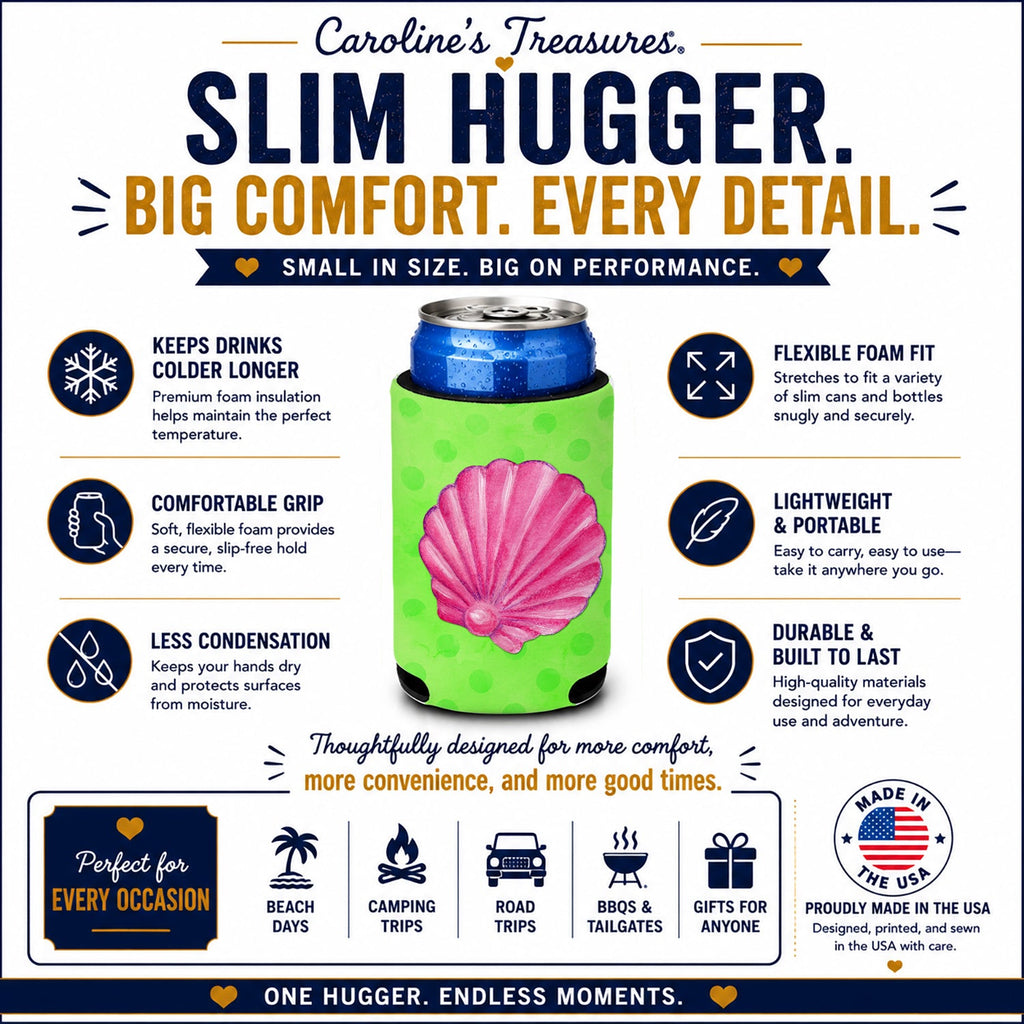 Pink Sea Shell Green Polkadot Slim Can Hugger  Insulated Foam Sleeve for 12 oz Slim Cans, Beer Bottles & Water Bottles, Made in USA