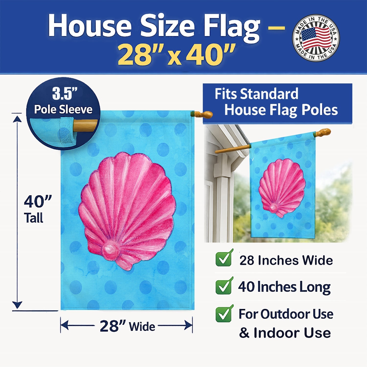 Pink Sea Shell Blue Polkadot House Flag 28x40 Porch Sleeve Pole Decorative Outside Yard Banner Artwork Wall Hanging, Polyester