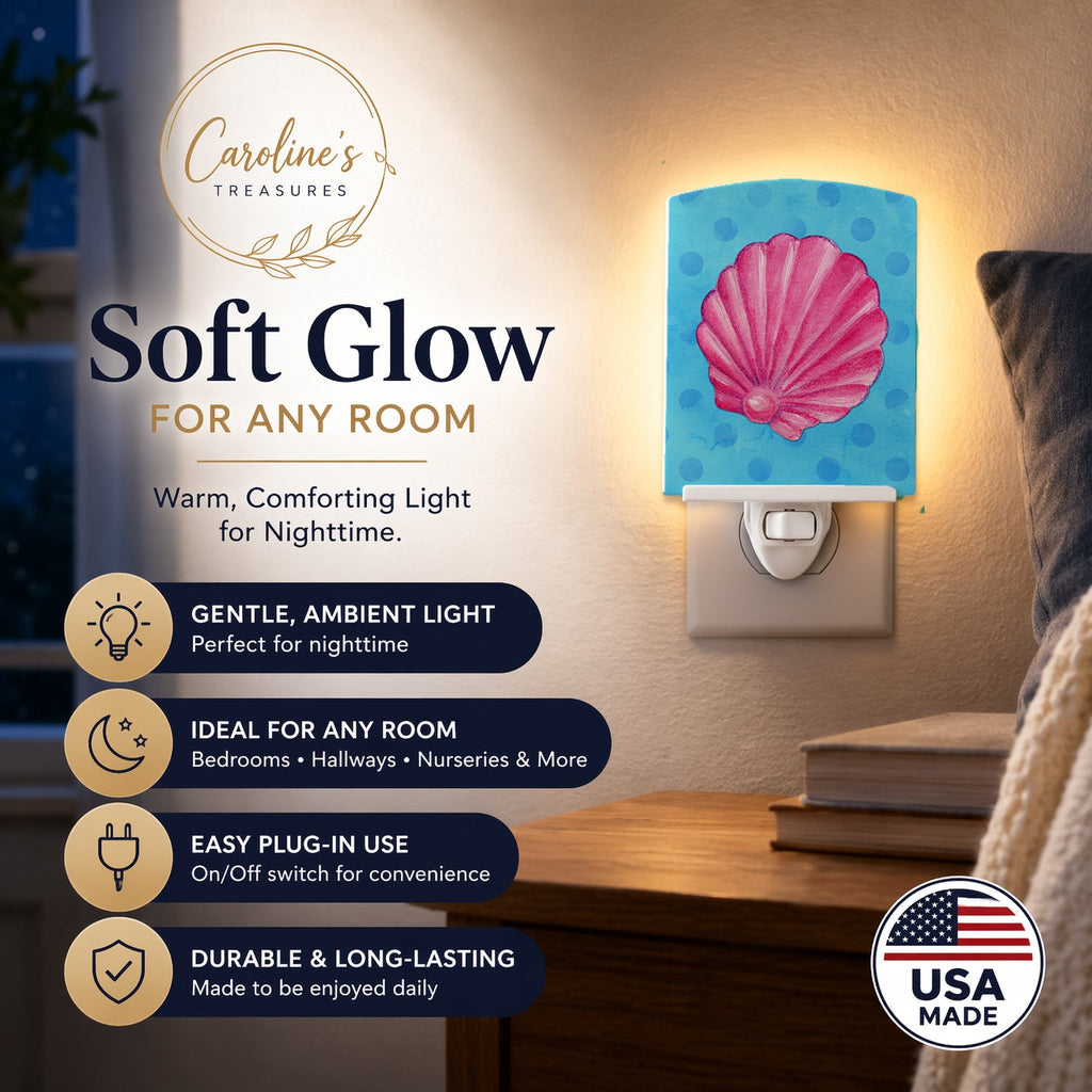 Pink Sea Shell Blue Polkadot Ceramic Night Light Compact, UL-Certified, Ideal for Bedroom, Bathroom, Nursery, Hallway, Kitchen, 6x4x3, Multicolor
