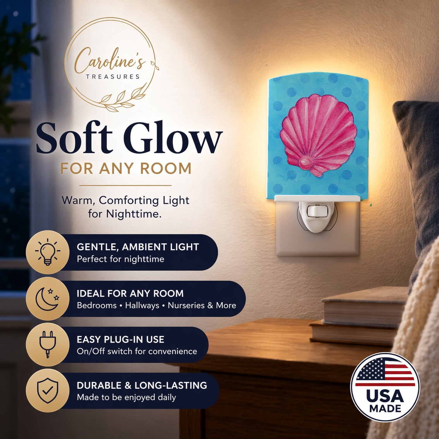 Pink Sea Shell Blue Polkadot Ceramic Night Light Compact, UL-Certified, Ideal for Bedroom, Bathroom, Nursery, Hallway, Kitchen, 6x4x3, Multicolor