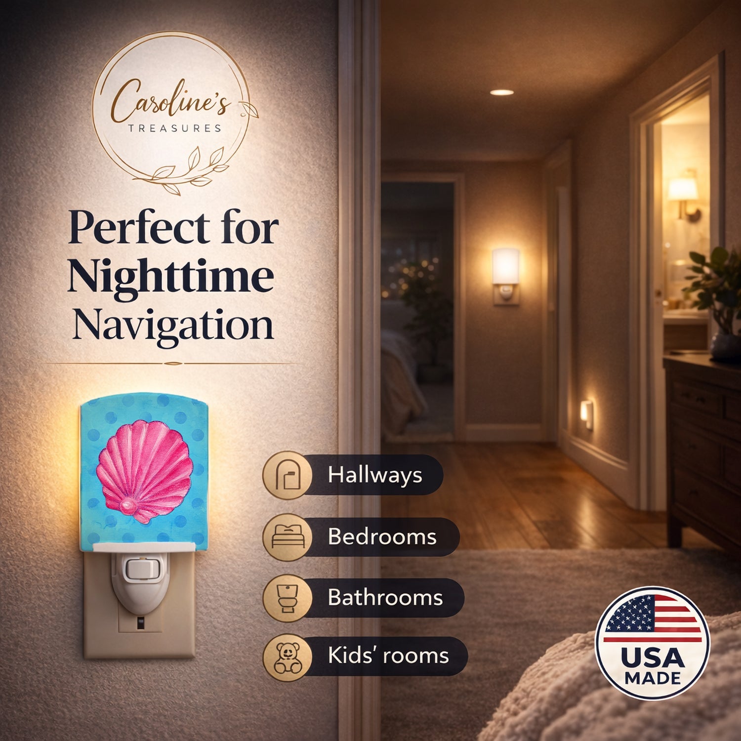 Pink Sea Shell Blue Polkadot Ceramic Night Light Compact, UL-Certified, Ideal for Bedroom, Bathroom, Nursery, Hallway, Kitchen, 6x4x3, Multicolor