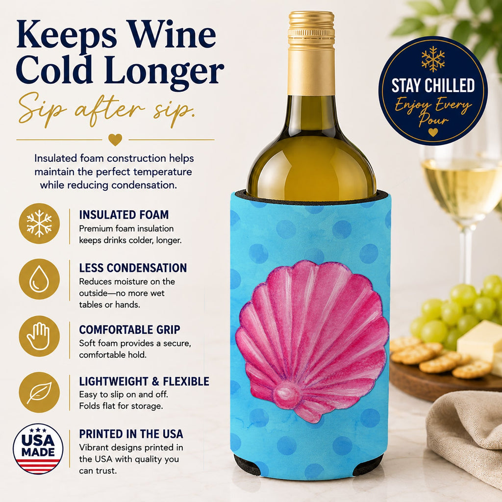 Pink Sea Shell Blue Polkadot Wine Bottle Hugger Gift Sleeve for Standard 750 ml Bottles, Insulated Reusable Fits Mini Shot & Pint Bottles