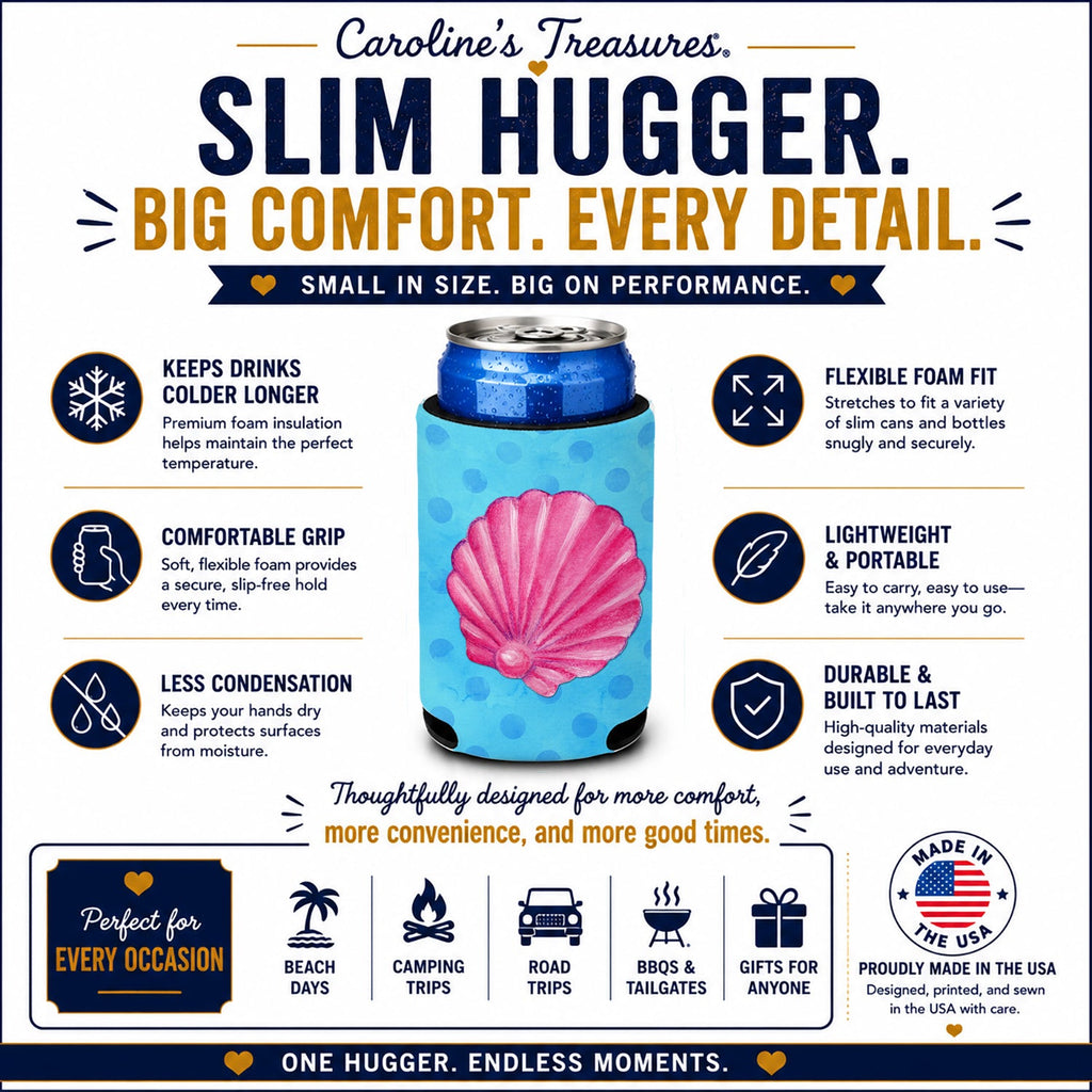 Pink Sea Shell Blue Polkadot Slim Can Hugger  Insulated Foam Sleeve for 12 oz Slim Cans, Beer Bottles & Water Bottles, Made in USA