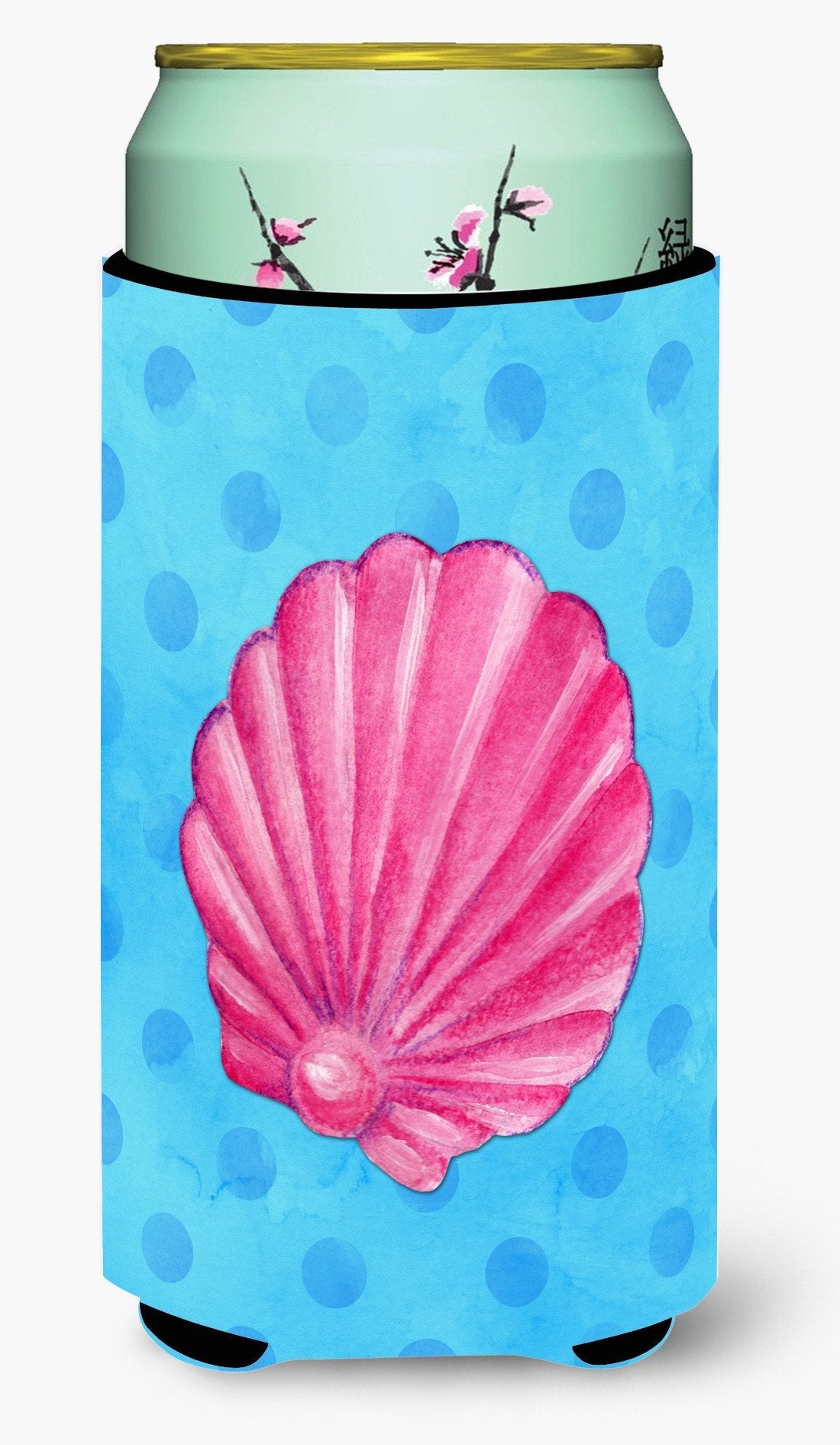 Pink Sea Shell Blue Polkadot Tall Boy Hugger Can Cooler Sleeve Machine Washable Drink Collapsible Insulator Beverage Insulated Holder