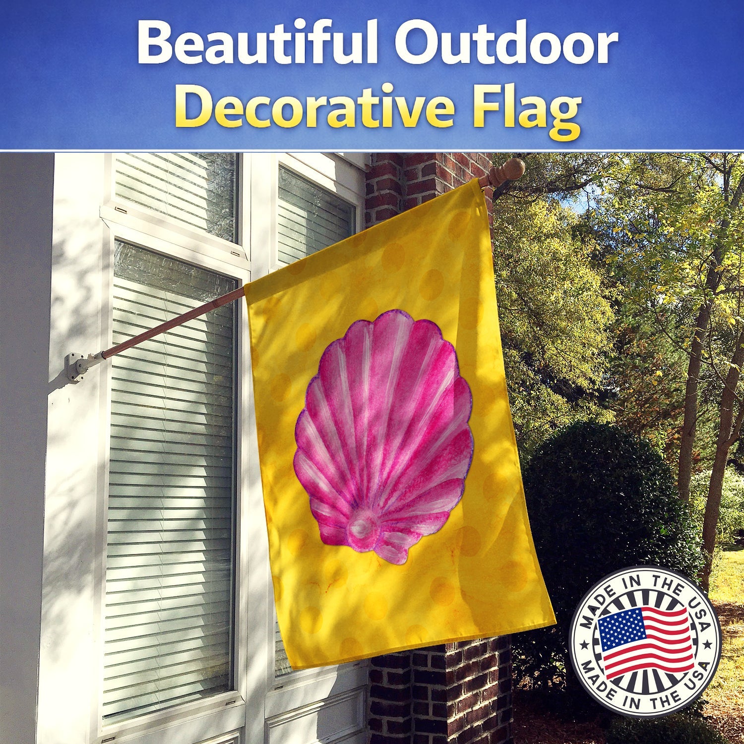 Pink Sea Shell Yellow Polkadot House Flag 28x40 Porch Sleeve Pole Decorative Outside Yard Banner Artwork Wall Hanging, Polyester