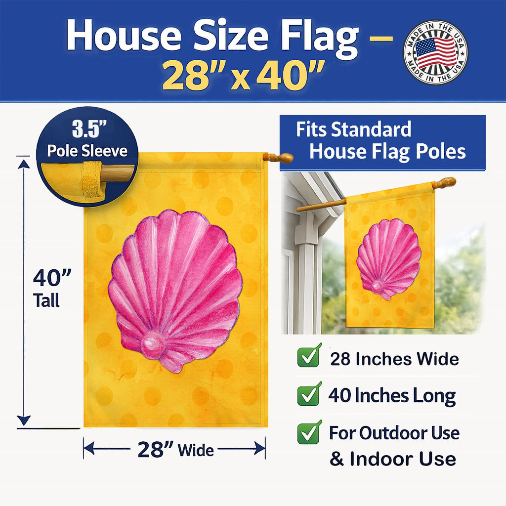 Pink Sea Shell Yellow Polkadot House Flag 28x40 Porch Sleeve Pole Decorative Outside Yard Banner Artwork Wall Hanging, Polyester