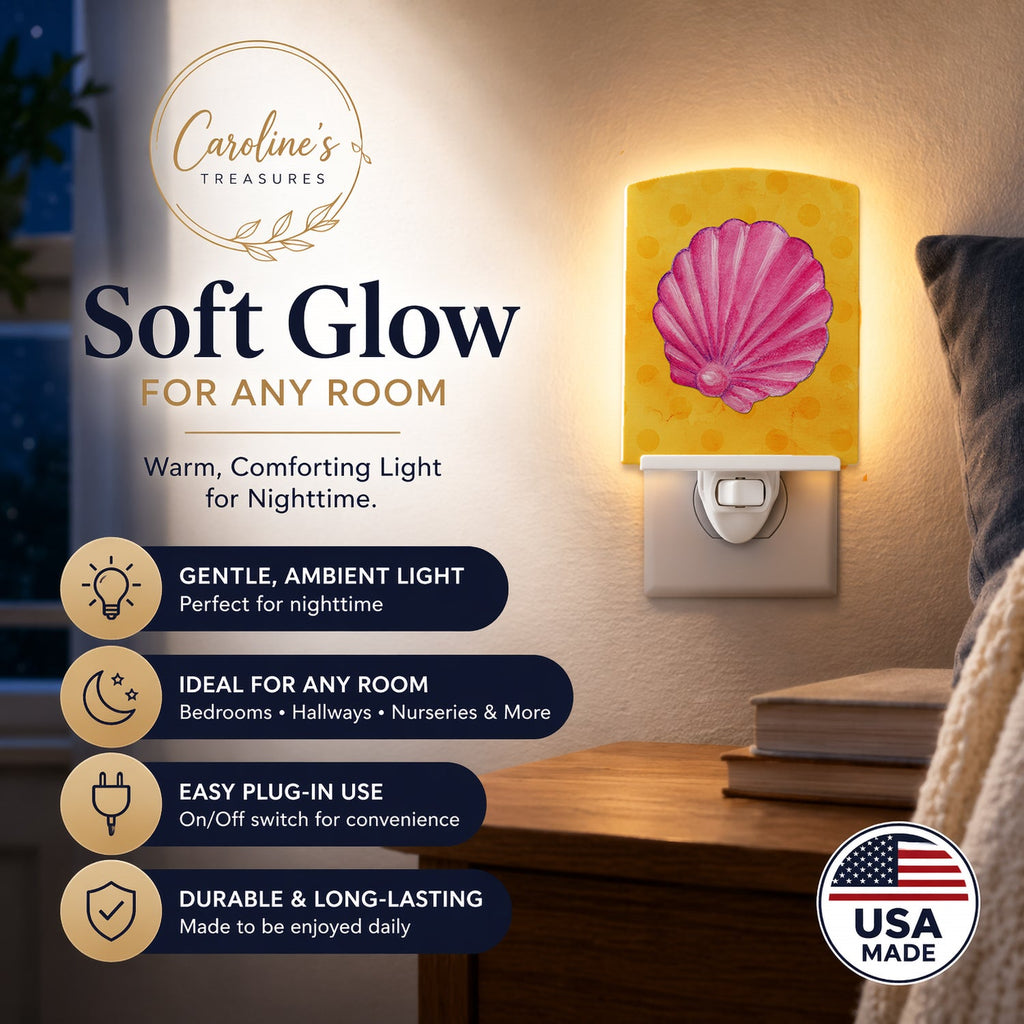 Pink Sea Shell Yellow Polkadot Ceramic Night Light Compact, UL-Certified, Ideal for Bedroom, Bathroom, Nursery, Hallway, Kitchen, 6x4x3, Multicolor
