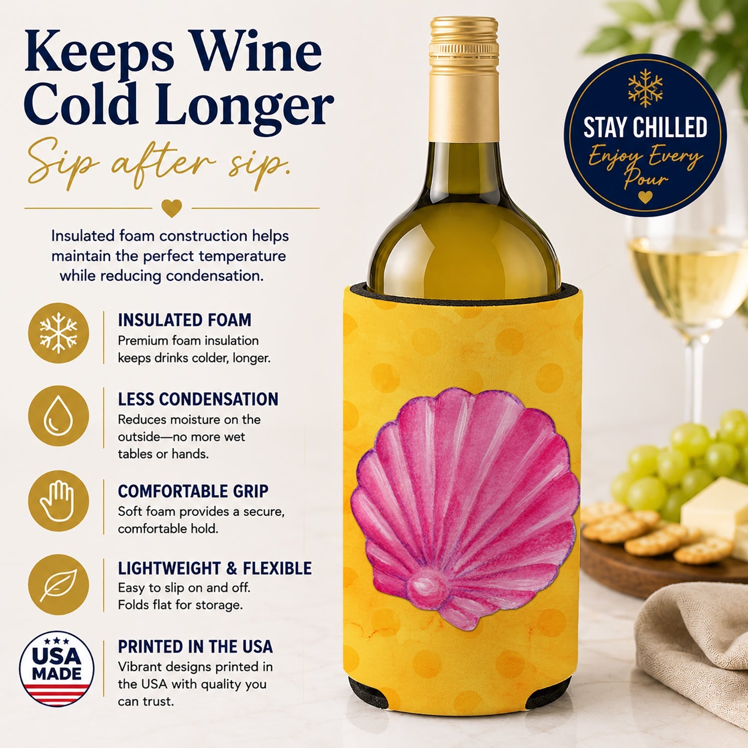 Pink Sea Shell Yellow Polkadot Wine Bottle Hugger Gift Sleeve for Standard 750 ml Bottles, Insulated Reusable Fits Mini Shot & Pint Bottles
