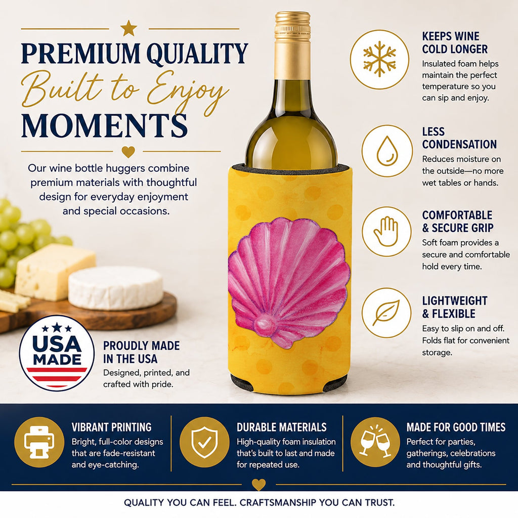 Pink Sea Shell Yellow Polkadot Wine Bottle Hugger Gift Sleeve for Standard 750 ml Bottles, Insulated Reusable Fits Mini Shot & Pint Bottles