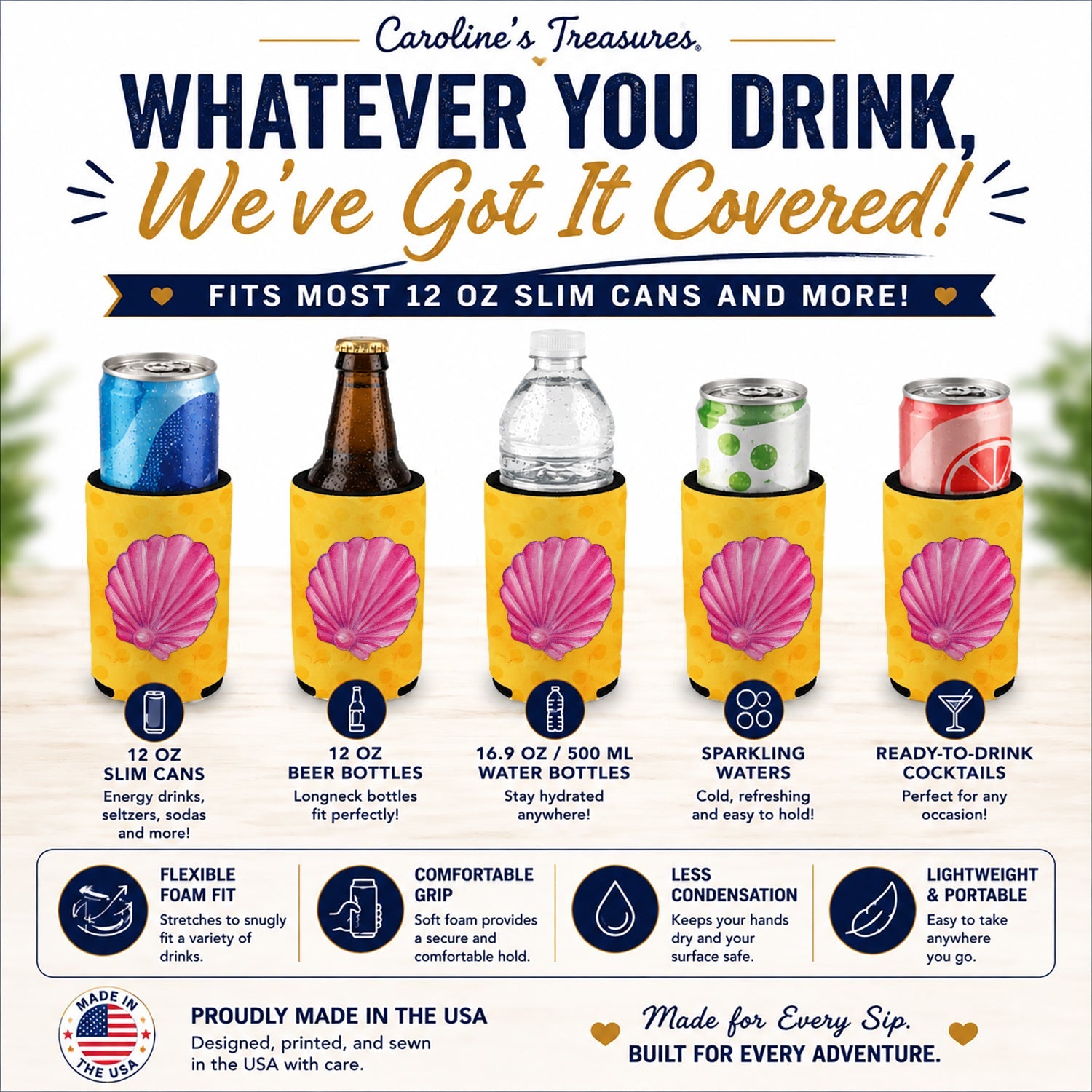 Pink Sea Shell Yellow Polkadot Slim Can Hugger  Insulated Foam Sleeve for 12 oz Slim Cans, Beer Bottles & Water Bottles, Made in USA