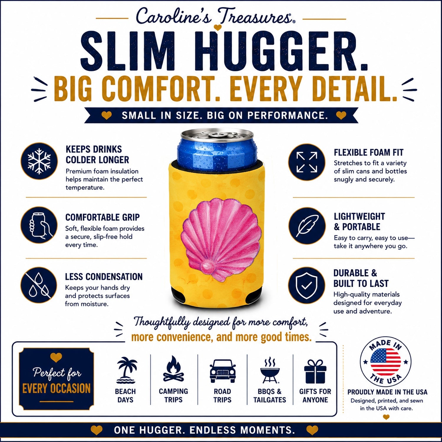 Pink Sea Shell Yellow Polkadot Slim Can Hugger  Insulated Foam Sleeve for 12 oz Slim Cans, Beer Bottles & Water Bottles, Made in USA
