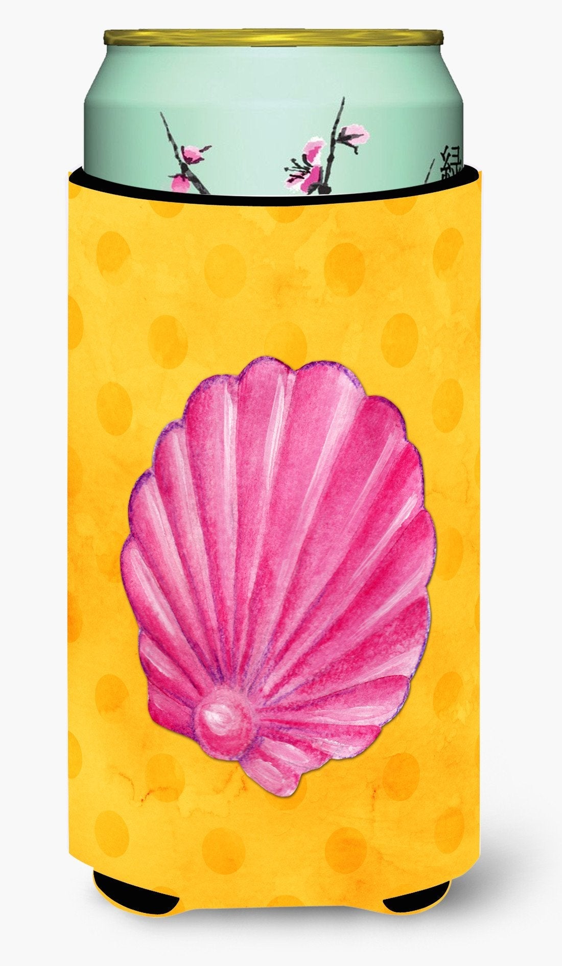 Pink Sea Shell Yellow Polkadot Tall Boy Hugger Can Cooler Sleeve Machine Washable Drink Collapsible Insulator Beverage Insulated Holder