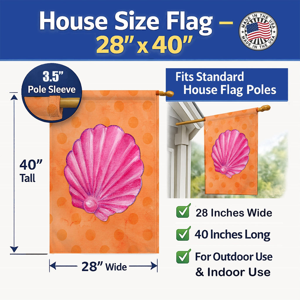 Pink Sea Shell Orange Polkadot House Flag 28x40 Porch Sleeve Pole Decorative Outside Yard Banner Artwork Wall Hanging, Polyester
