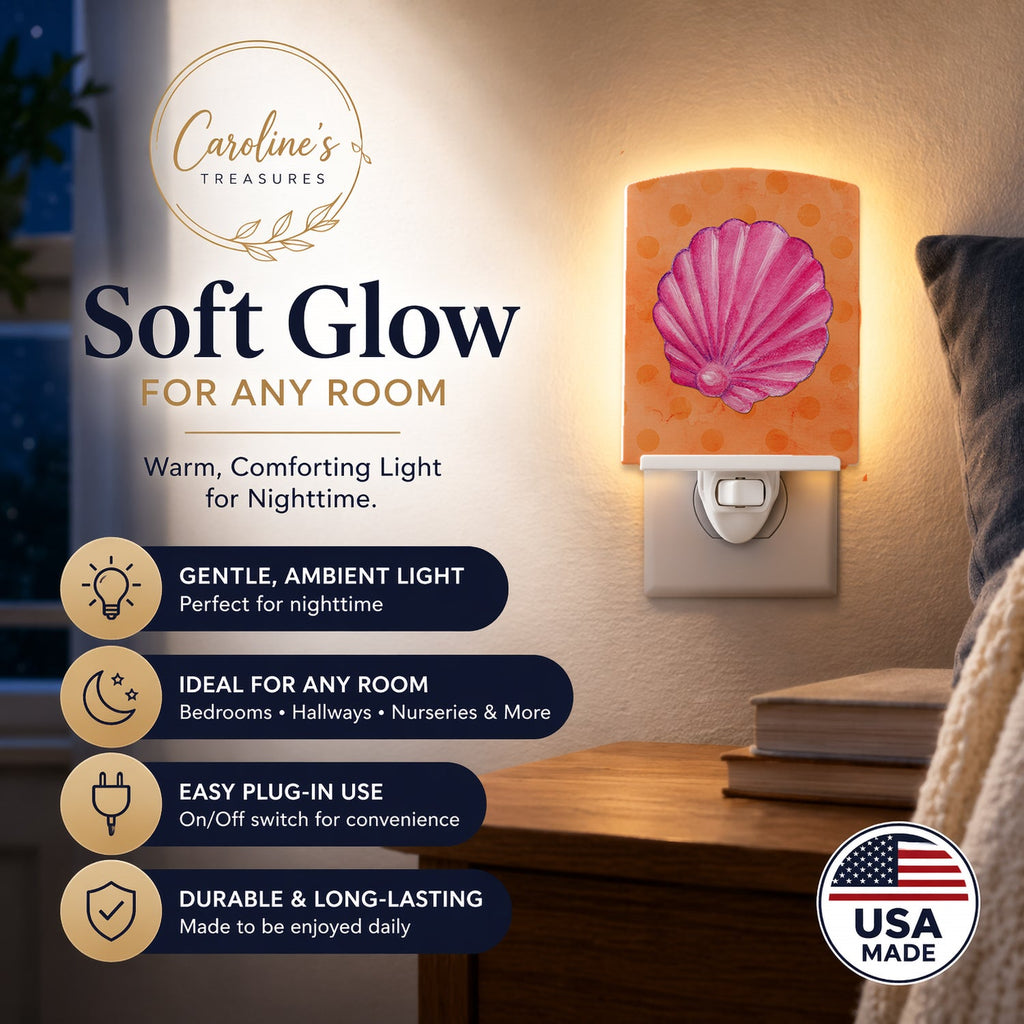 Pink Sea Shell Orange Polkadot Ceramic Night Light Compact, UL-Certified, Ideal for Bedroom, Bathroom, Nursery, Hallway, Kitchen, 6x4x3, Multicolor
