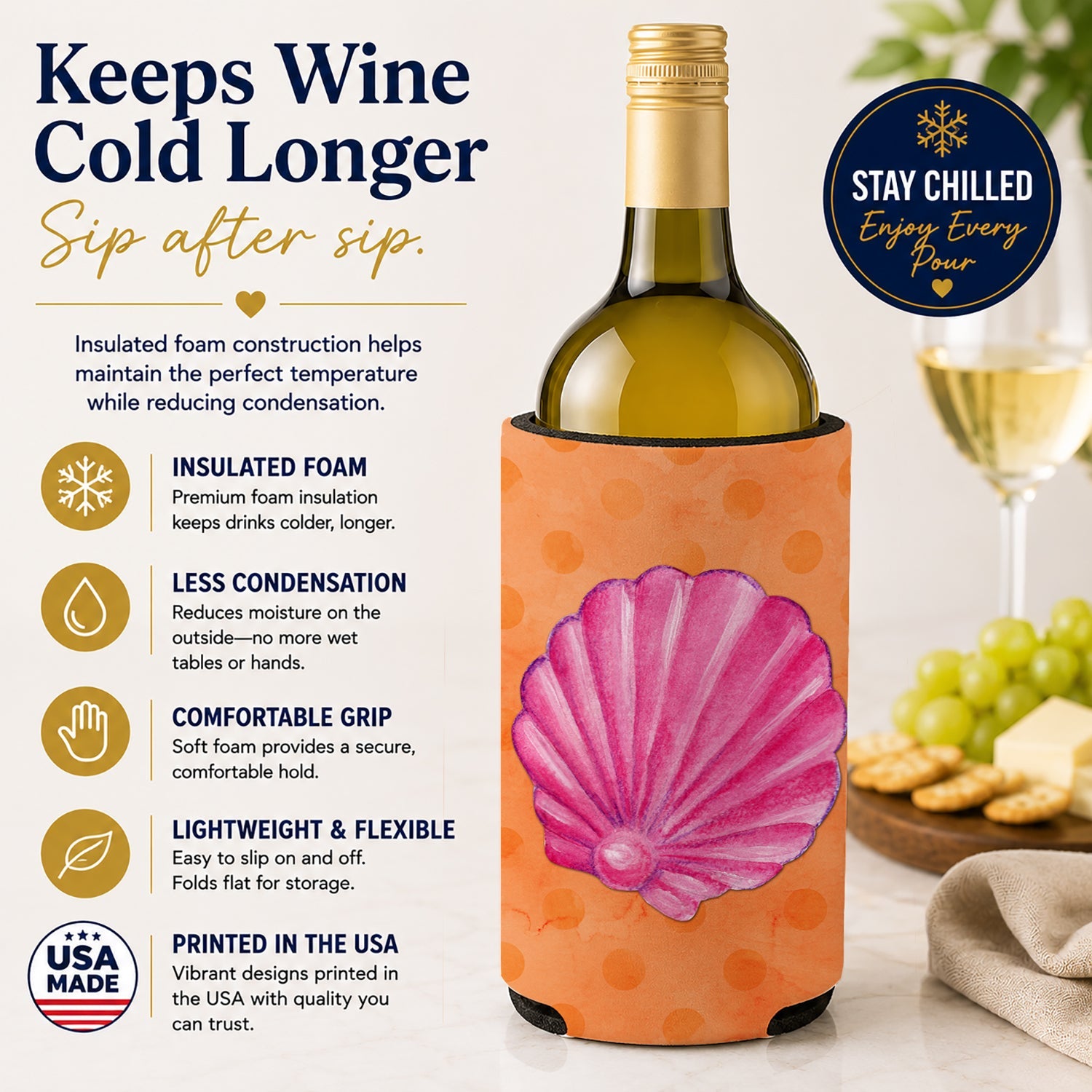 Pink Sea Shell Orange Polkadot Wine Bottle Hugger Gift Sleeve for Standard 750 ml Bottles, Insulated Reusable Fits Mini Shot & Pint Bottles