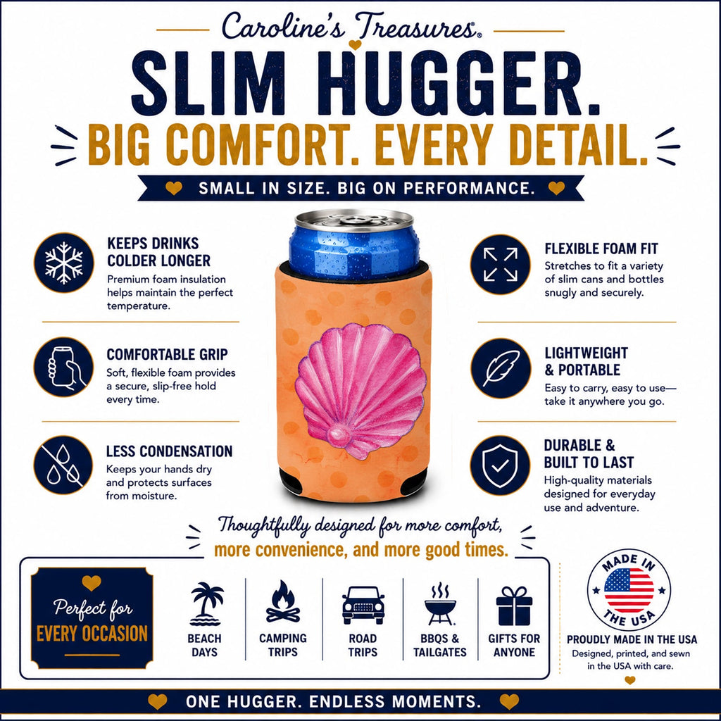 Pink Sea Shell Orange Polkadot Slim Can Hugger  Insulated Foam Sleeve for 12 oz Slim Cans, Beer Bottles & Water Bottles, Made in USA