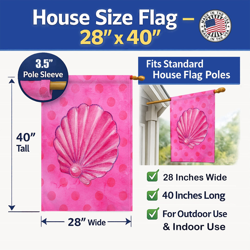 Pink Sea Shell Pink Polkadot House Flag 28x40 Porch Sleeve Pole Decorative Outside Yard Banner Artwork Wall Hanging, Polyester