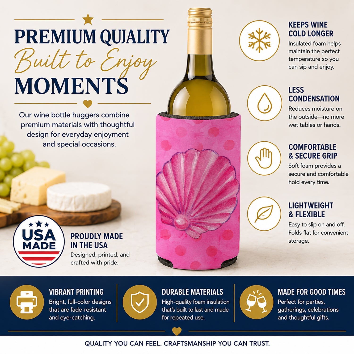 Pink Sea Shell Pink Polkadot Wine Bottle Hugger Gift Sleeve for Standard 750 ml Bottles, Insulated Reusable Fits Mini Shot & Pint Bottles