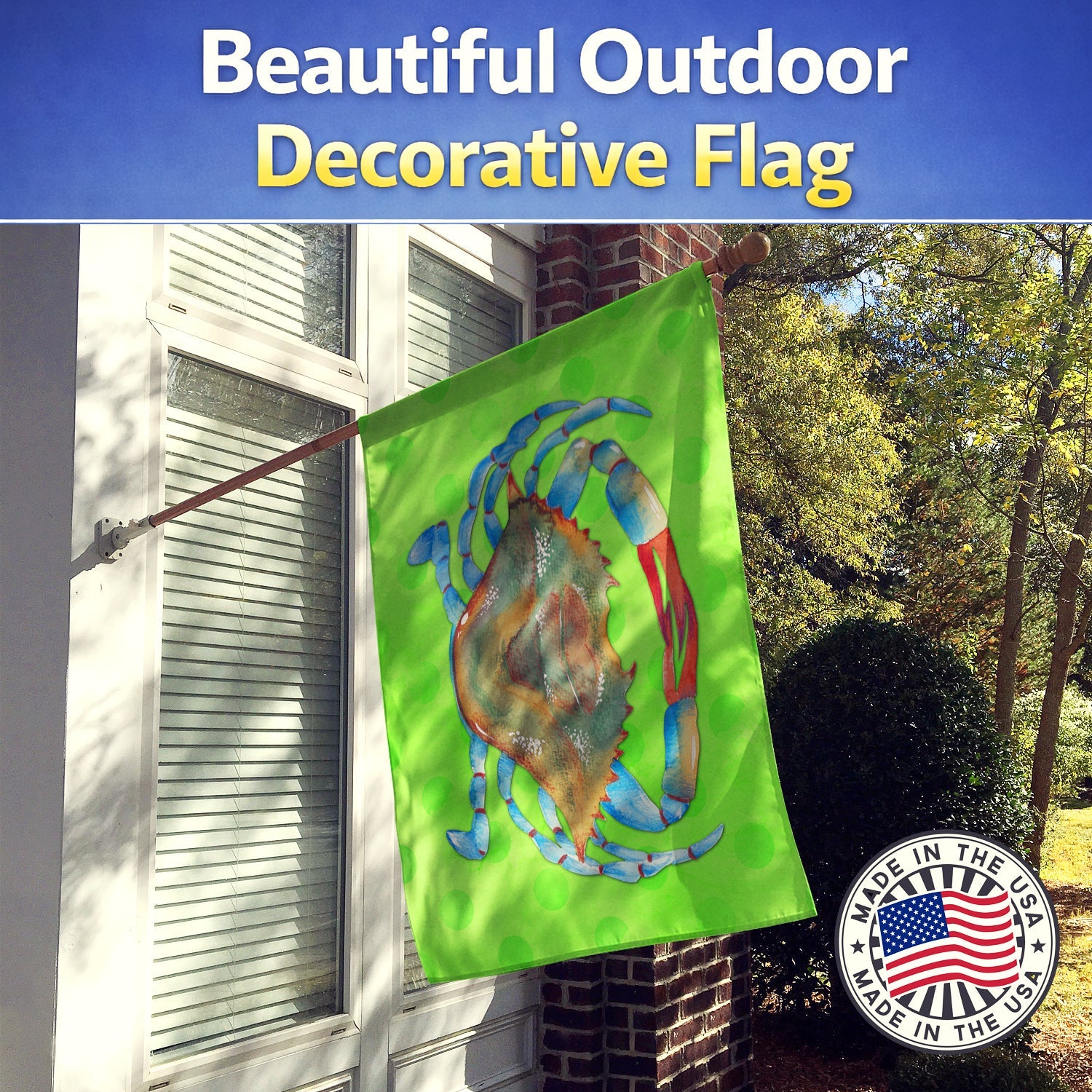 Blue Crab Green Polkadot House Flag 28x40 Porch Sleeve Pole Decorative Outside Yard Banner Artwork Wall Hanging, Polyester