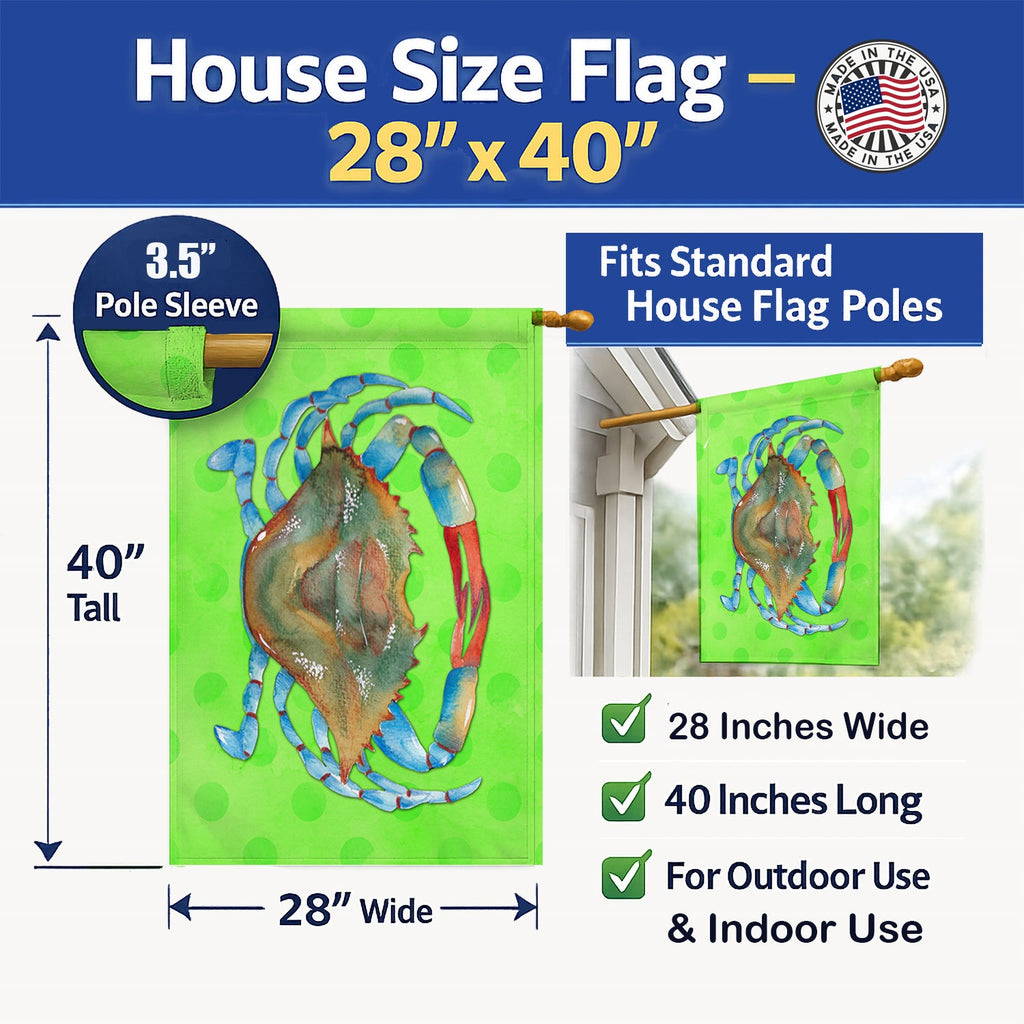 Blue Crab Green Polkadot House Flag 28x40 Porch Sleeve Pole Decorative Outside Yard Banner Artwork Wall Hanging, Polyester