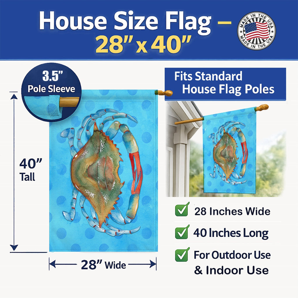 Blue Crab Blue Polkadot House Flag 28x40 Porch Sleeve Pole Decorative Outside Yard Banner Artwork Wall Hanging, Polyester