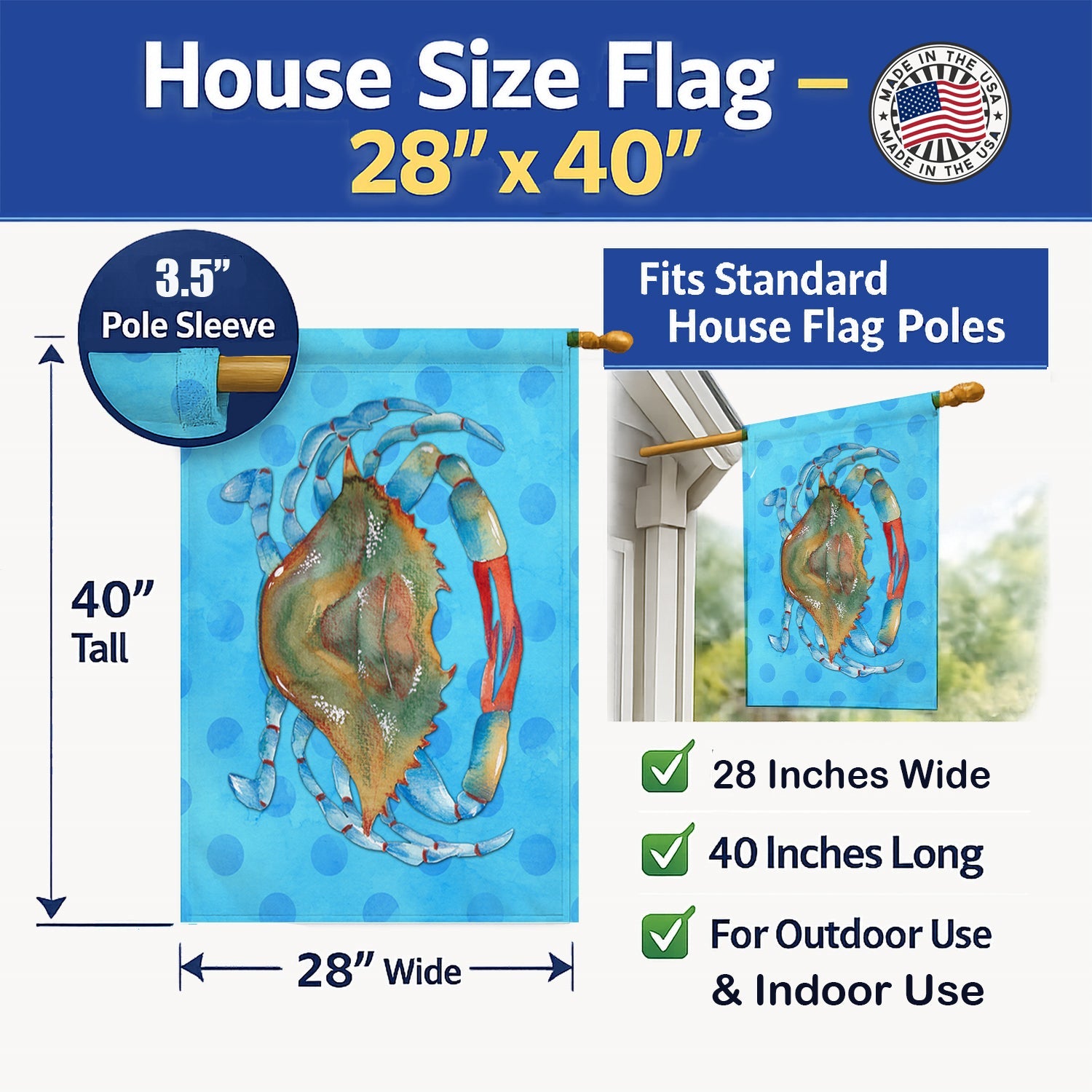 Blue Crab Blue Polkadot House Flag 28x40 Porch Sleeve Pole Decorative Outside Yard Banner Artwork Wall Hanging, Polyester
