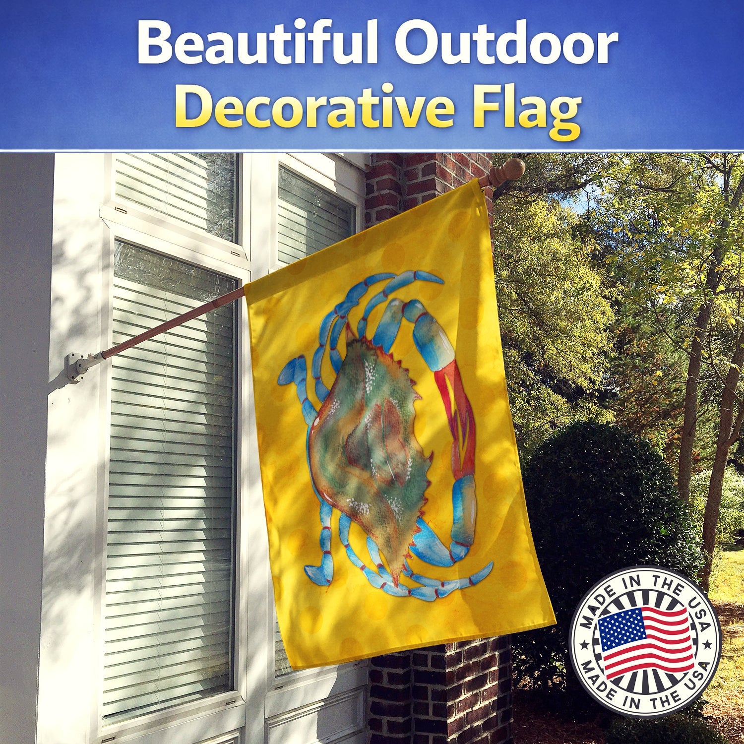 Blue Crab Yellow Polkadot House Flag 28x40 Porch Sleeve Pole Decorative Outside Yard Banner Artwork Wall Hanging, Polyester