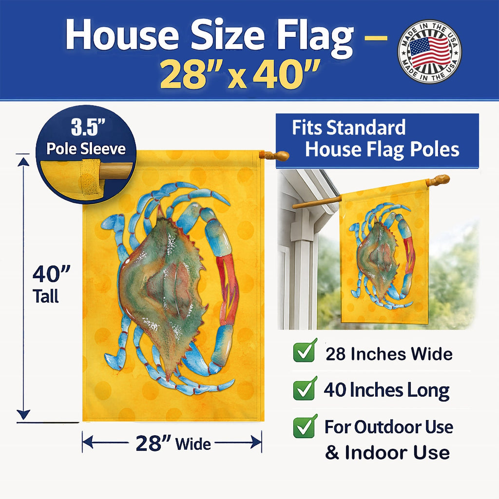 Blue Crab Yellow Polkadot House Flag 28x40 Porch Sleeve Pole Decorative Outside Yard Banner Artwork Wall Hanging, Polyester
