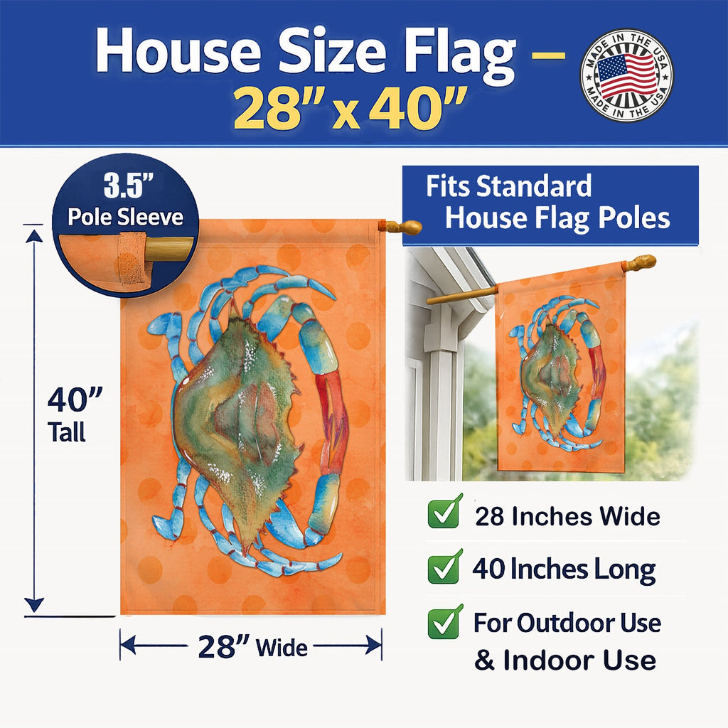 Blue Crab Orange Polkadot House Flag 28x40 Porch Sleeve Pole Decorative Outside Yard Banner Artwork Wall Hanging, Polyester