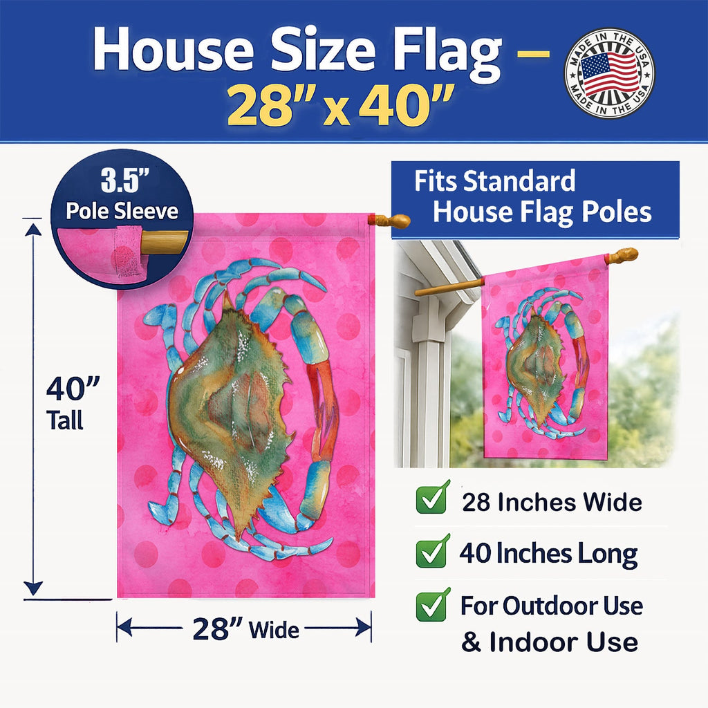 Blue Crab Pink Polkadot House Flag 28x40 Porch Sleeve Pole Decorative Outside Yard Banner Artwork Wall Hanging, Polyester
