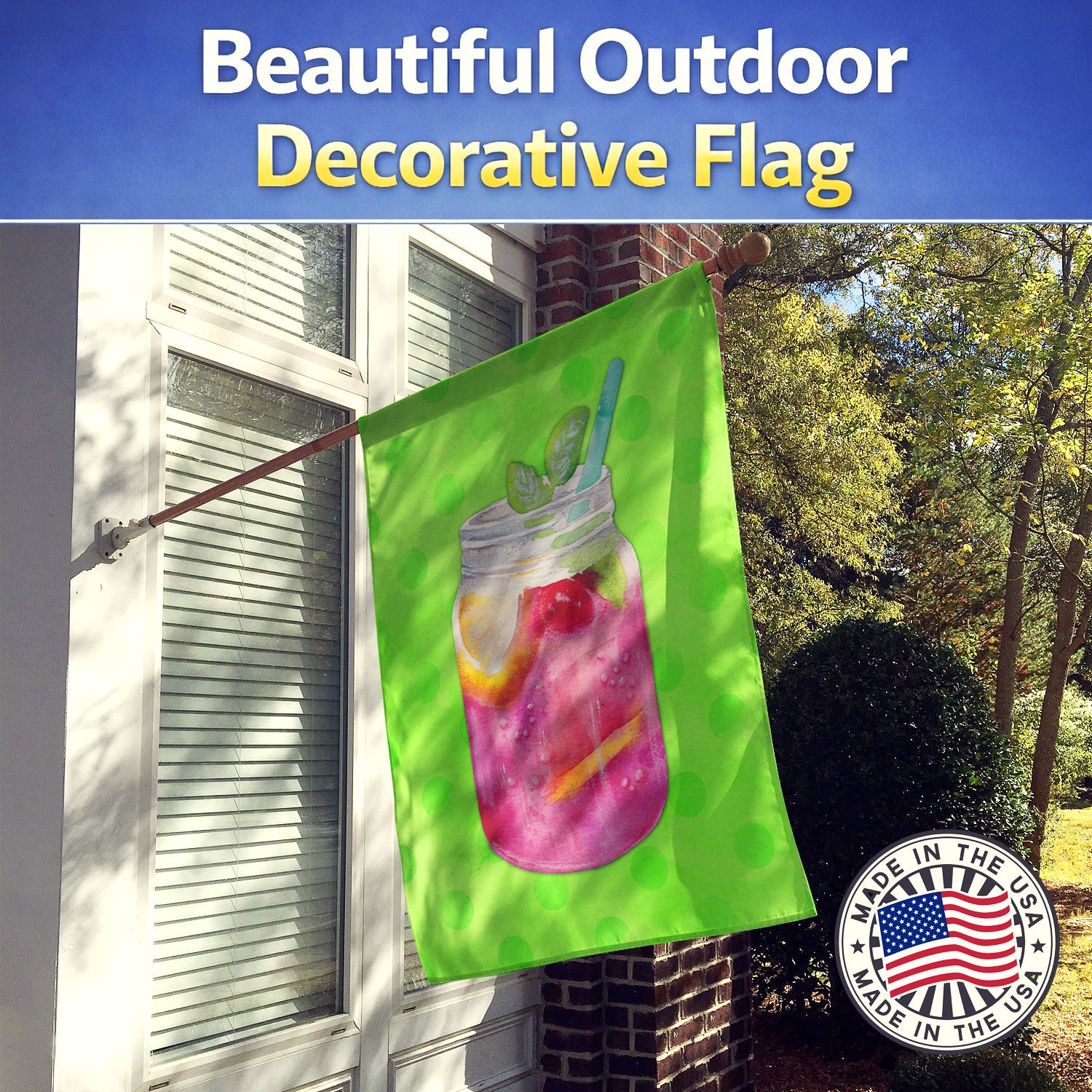 Mason Jar Cocktail Green Polkadot House Flag 28x40 Porch Sleeve Pole Decorative Outside Yard Banner Artwork Wall Hanging, Polyester