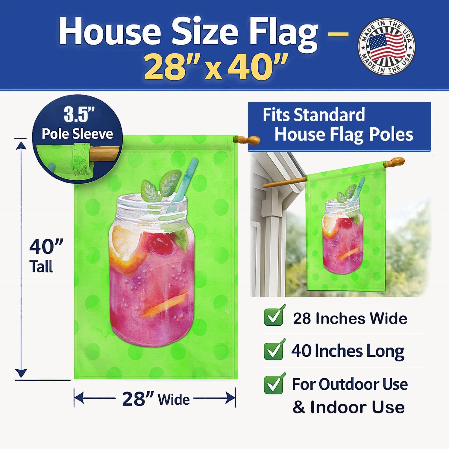 Mason Jar Cocktail Green Polkadot House Flag 28x40 Porch Sleeve Pole Decorative Outside Yard Banner Artwork Wall Hanging, Polyester