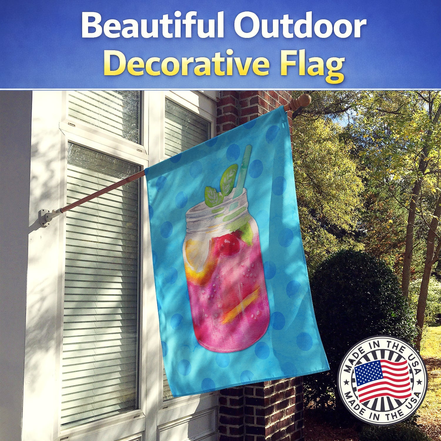 Mason Jar Cocktail Blue Polkadot House Flag 28x40 Porch Sleeve Pole Decorative Outside Yard Banner Artwork Wall Hanging, Polyester