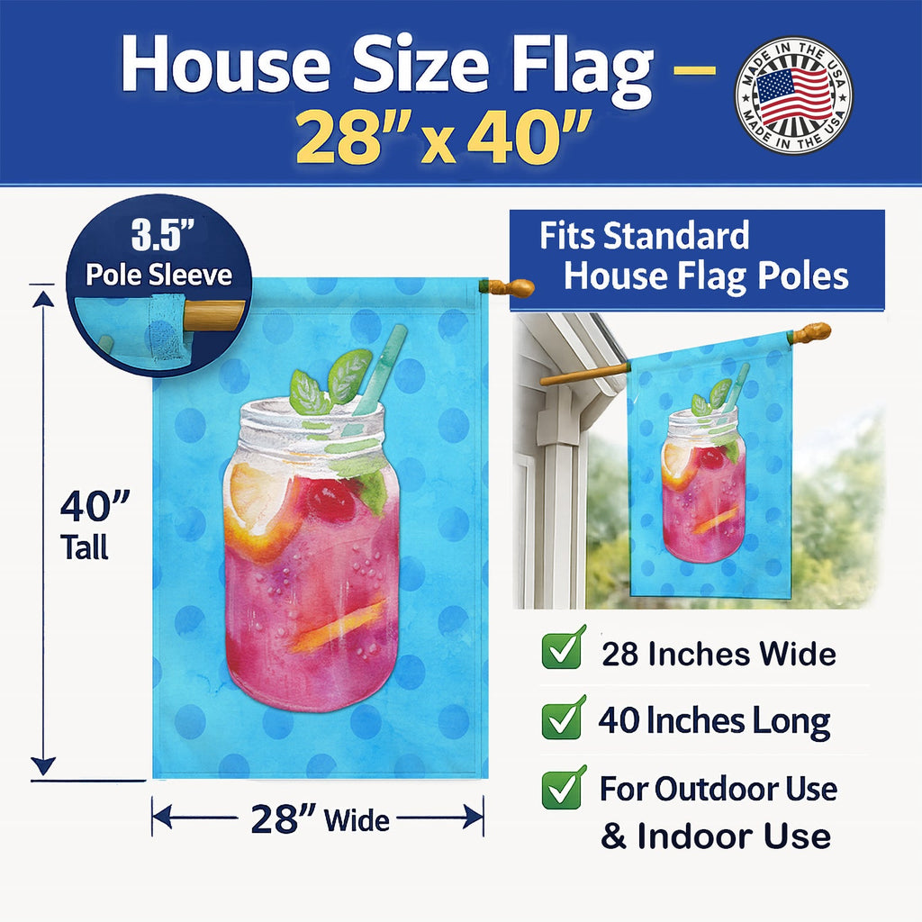 Mason Jar Cocktail Blue Polkadot House Flag 28x40 Porch Sleeve Pole Decorative Outside Yard Banner Artwork Wall Hanging, Polyester