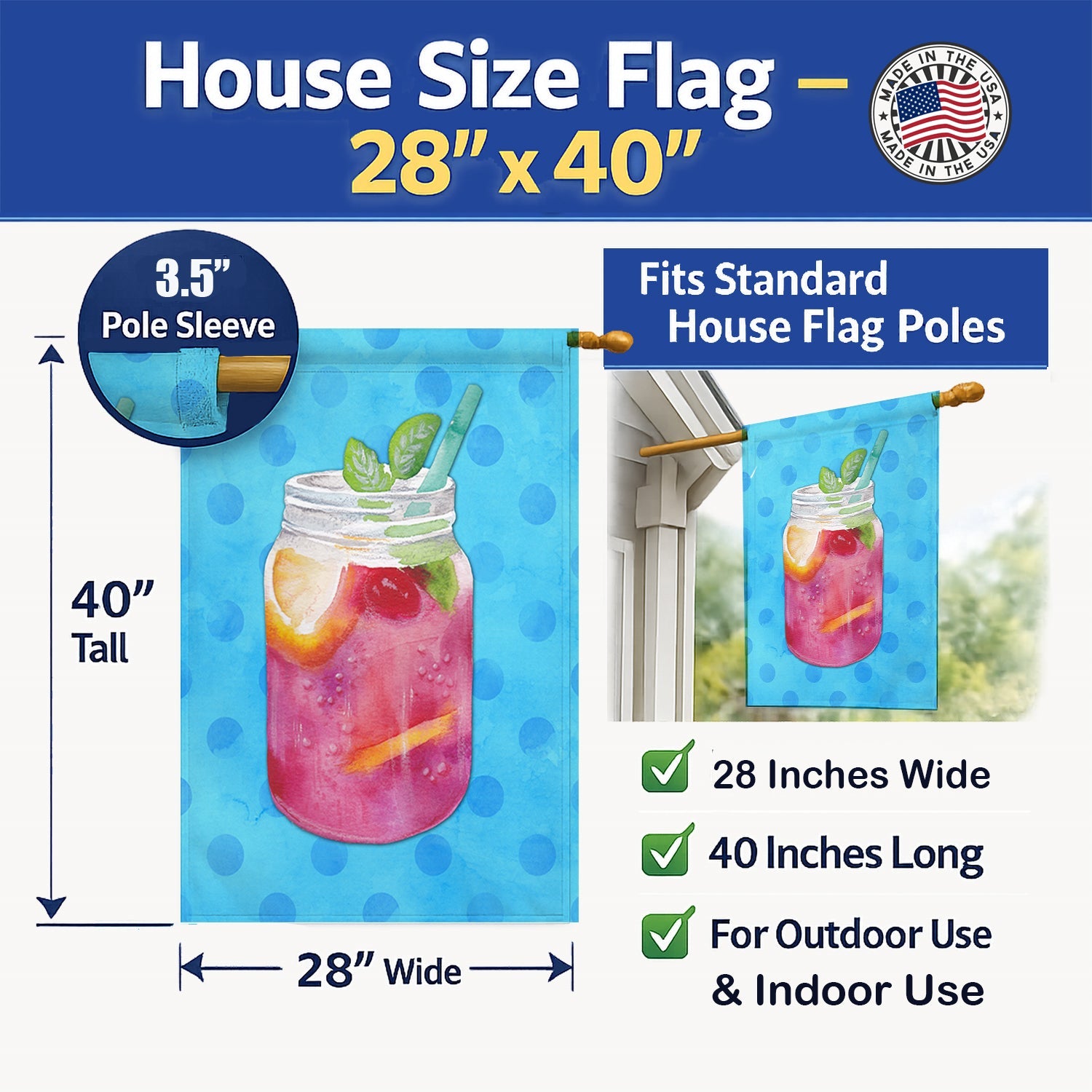 Mason Jar Cocktail Blue Polkadot House Flag 28x40 Porch Sleeve Pole Decorative Outside Yard Banner Artwork Wall Hanging, Polyester