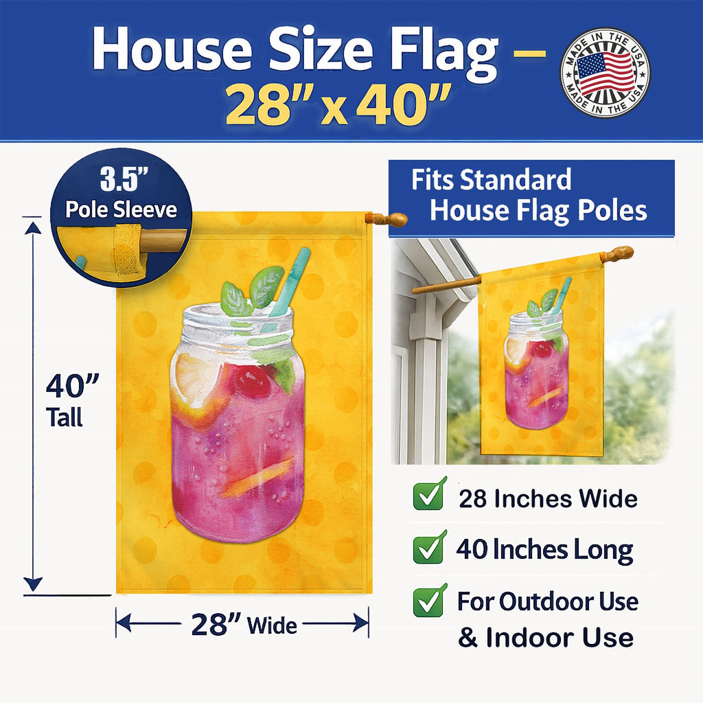 Mason Jar Cocktail Yellow Polkadot House Flag 28x40 Porch Sleeve Pole Decorative Outside Yard Banner Artwork Wall Hanging, Polyester