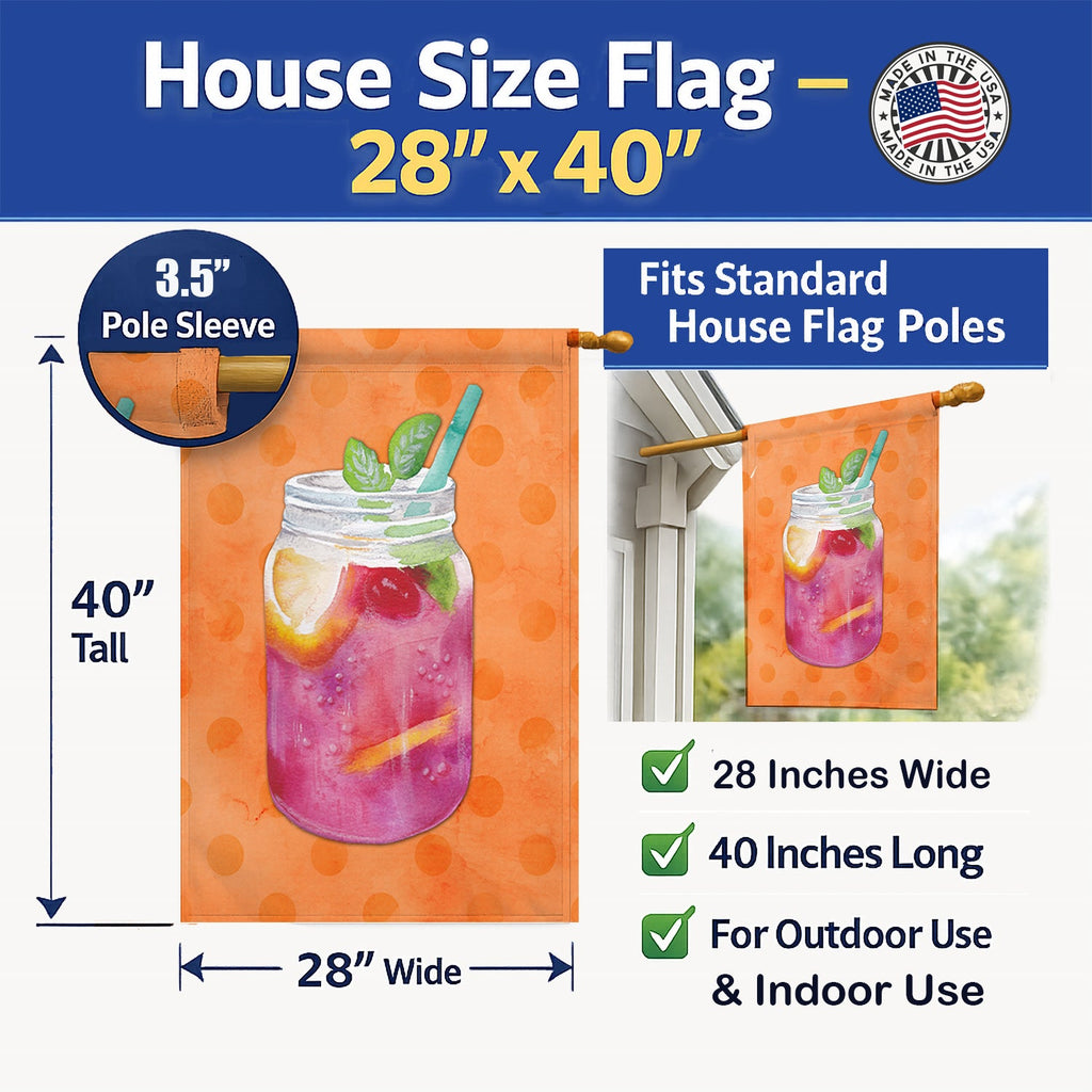 Mason Jar Cocktail Orange Polkadot House Flag 28x40 Porch Sleeve Pole Decorative Outside Yard Banner Artwork Wall Hanging, Polyester