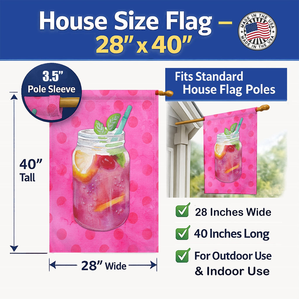 Mason Jar Cocktail Pink Polkadot House Flag 28x40 Porch Sleeve Pole Decorative Outside Yard Banner Artwork Wall Hanging, Polyester