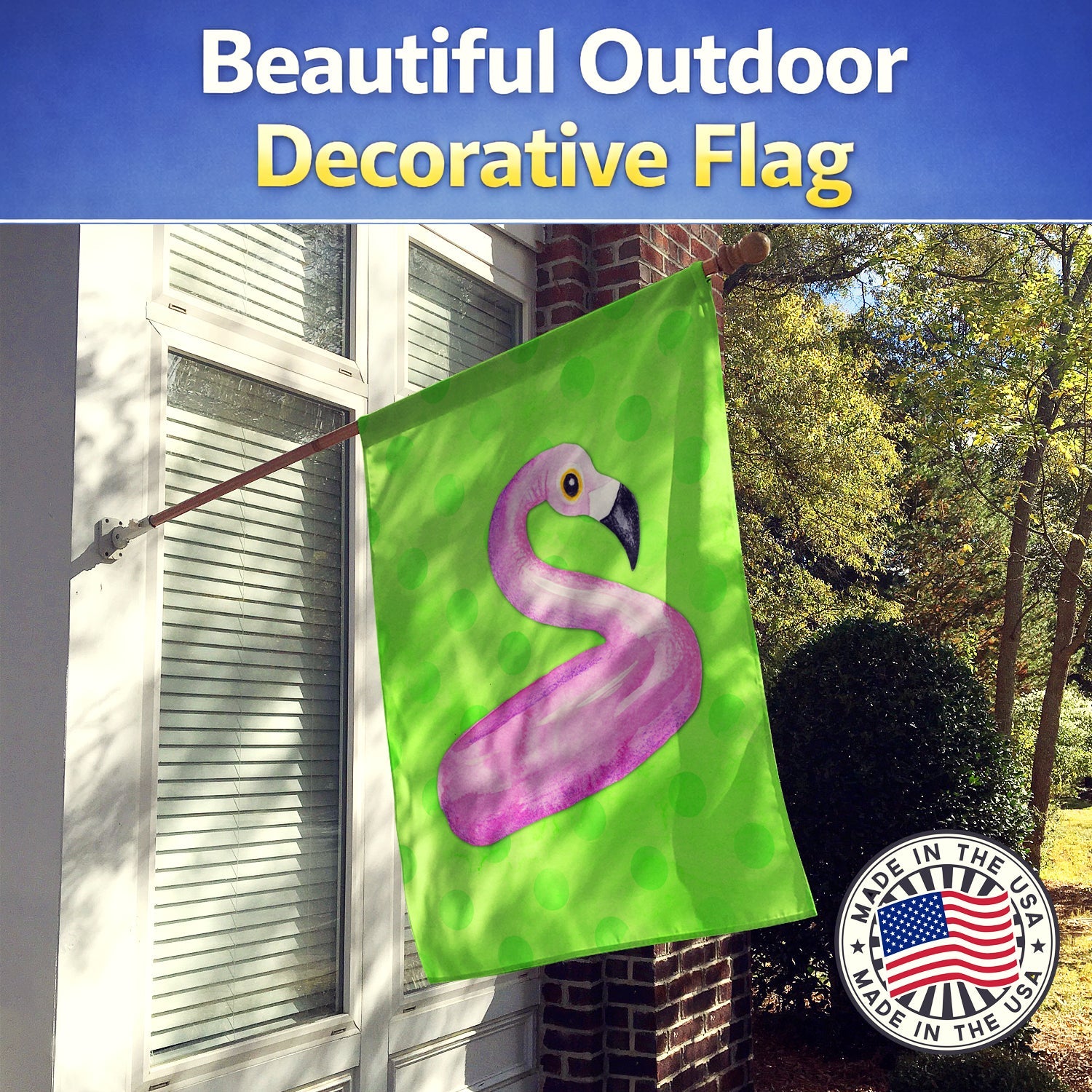 Flamingo Floaty Green Polkadot House Flag 28x40 Porch Sleeve Pole Decorative Outside Yard Banner Artwork Wall Hanging, Polyester
