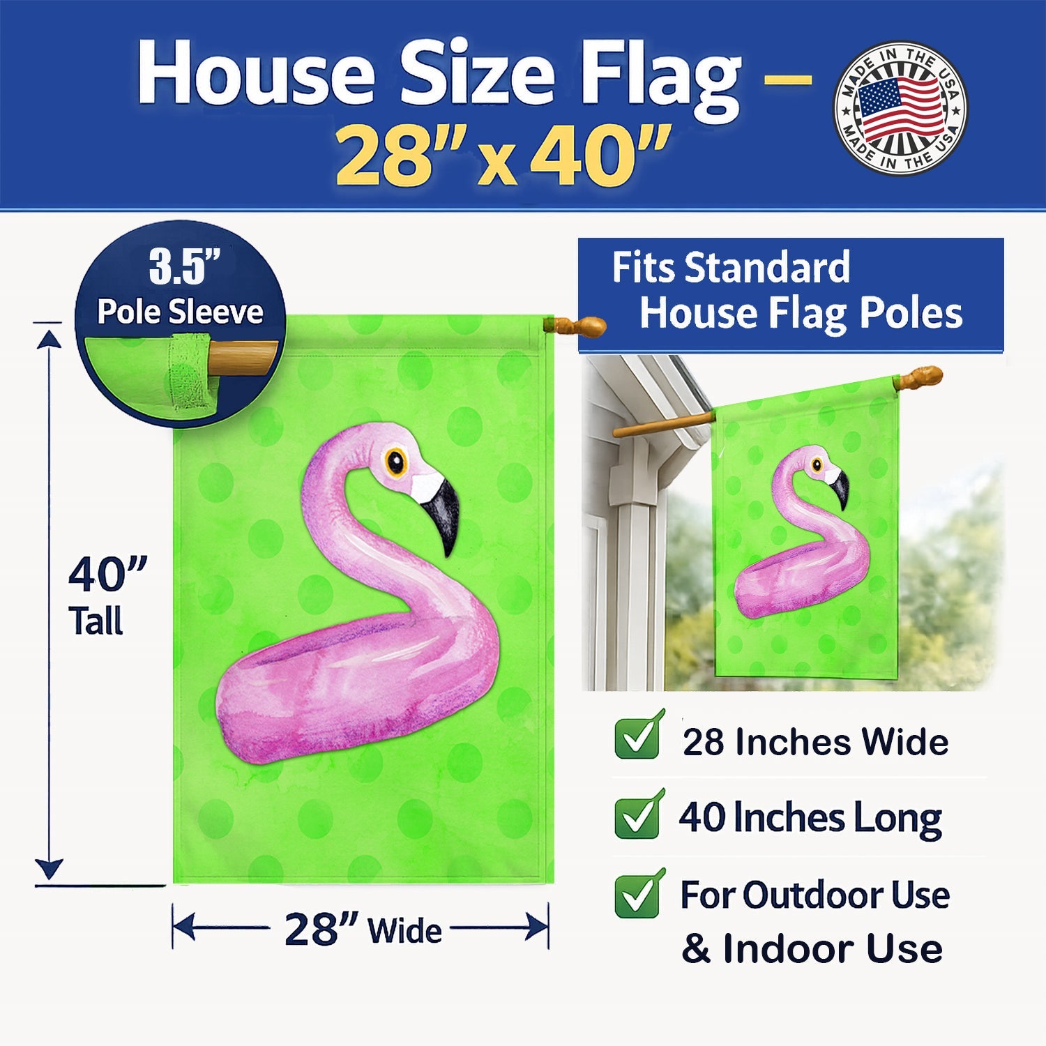Flamingo Floaty Green Polkadot House Flag 28x40 Porch Sleeve Pole Decorative Outside Yard Banner Artwork Wall Hanging, Polyester