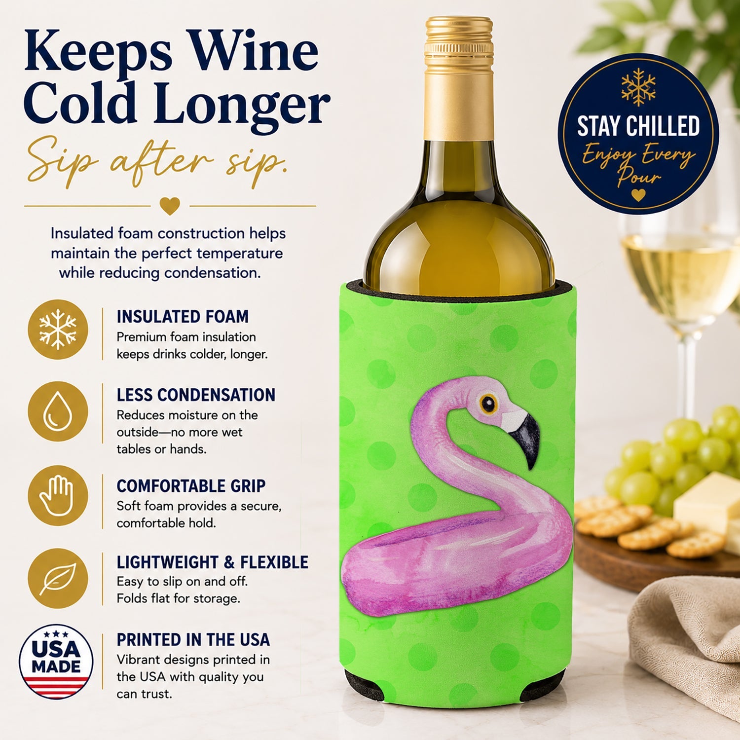 Flamingo Floaty Green Polkadot Wine Bottle Hugger Gift Sleeve for Standard 750 ml Bottles, Insulated Reusable Fits Mini Shot & Pint Bottles