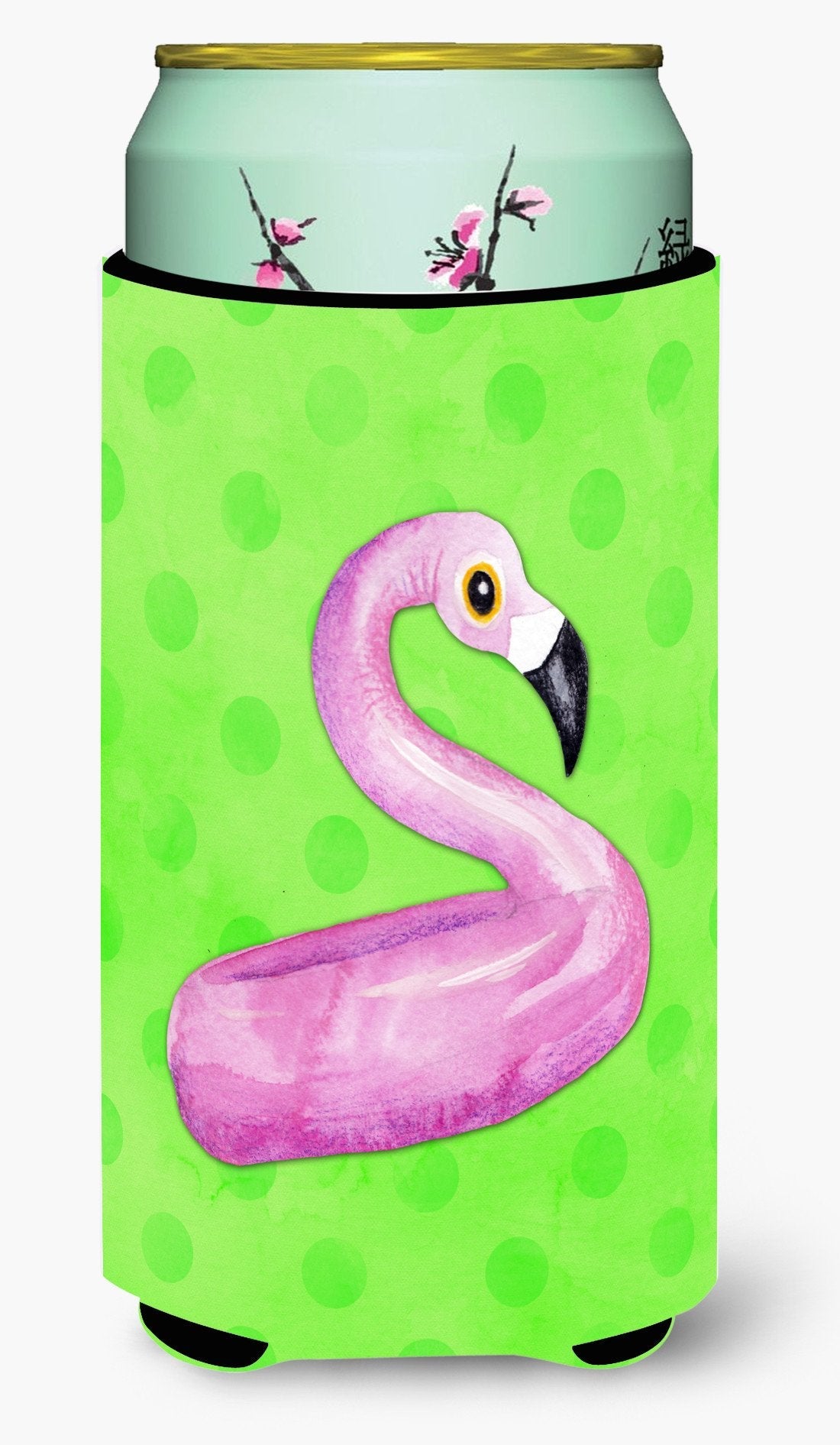 Flamingo Floaty Green Polkadot Tall Boy Hugger Can Cooler Sleeve Machine Washable Drink Collapsible Insulator Beverage Insulated Holder