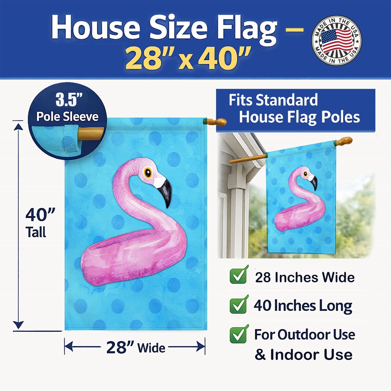 Flamingo Floaty Blue Polkadot House Flag 28x40 Porch Sleeve Pole Decorative Outside Yard Banner Artwork Wall Hanging, Polyester