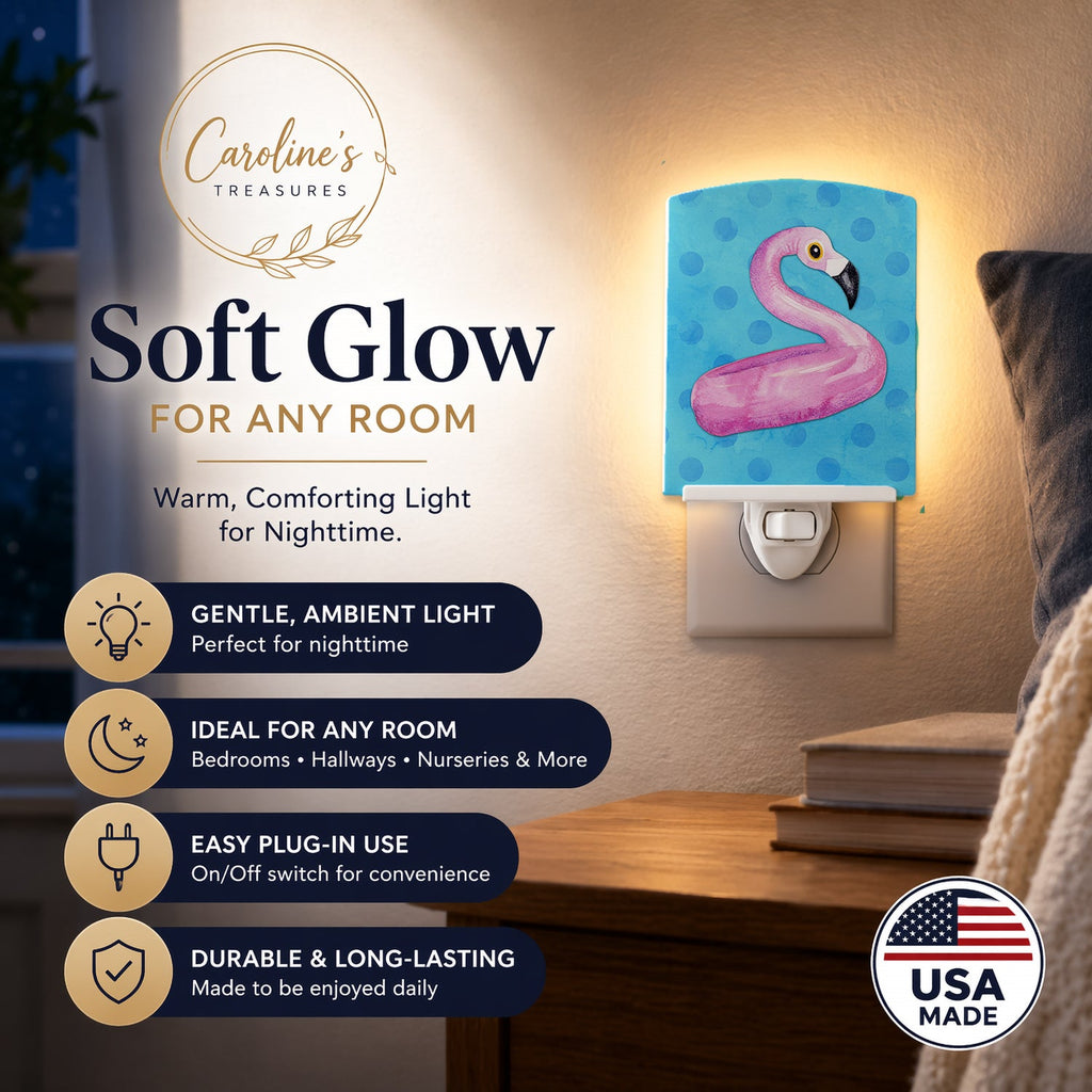 Flamingo Floaty Blue Polkadot Ceramic Night Light Compact, UL-Certified, Ideal for Bedroom, Bathroom, Nursery, Hallway, Kitchen, 6x4x3, Multicolor