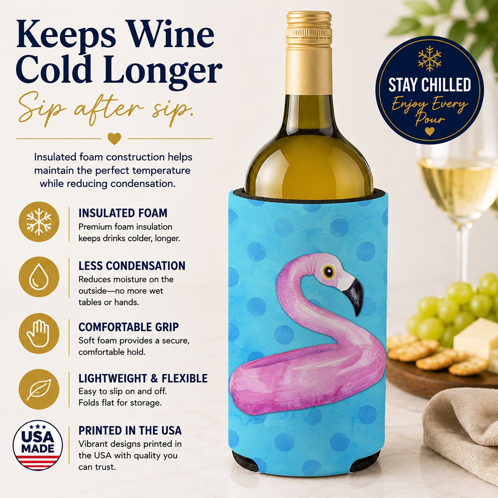 Flamingo Floaty Blue Polkadot Wine Bottle Hugger Gift Sleeve for Standard 750 ml Bottles, Insulated Reusable Fits Mini Shot & Pint Bottles