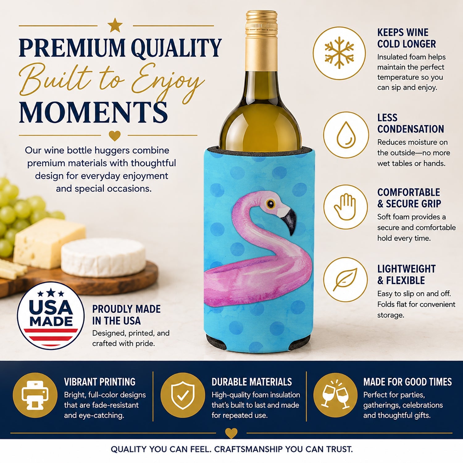 Flamingo Floaty Blue Polkadot Wine Bottle Hugger Gift Sleeve for Standard 750 ml Bottles, Insulated Reusable Fits Mini Shot & Pint Bottles